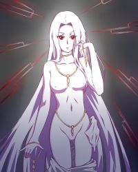 Rule 34 | 1girl, absurdres, belly chain, bracelet, breasts, choker, collarbone, colored skin, drawfag, fate/zero, fate (series), highres, irisviel von einzbern, jewelry, long hair, necktie, nipples, no pussy, nude, pale skin, red eyes, solo, undressing, very long hair, white hair, white skin