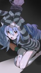 Rule 34 | 1girl, absurdres, animal ears, arms up, barefoot, black hat, black shirt, blue hair, braid, breasts, carrot, chain, collar, cuffs, don-chan (usada pekora), hat, highres, hololive, kouhiipan, long hair, long sleeves, looking at viewer, multicolored hair, no pants, official alternate costume, open mouth, orange eyes, prison clothes, rabbit-shaped pupils, rabbit ears, rabbit girl, seiza, shirt, short eyebrows, simple background, sitting, small breasts, soles, solo, streaked hair, striped clothes, striped headwear, striped shirt, swept bangs, symbol-shaped pupils, teeth, thick eyebrows, tongue, twin braids, twintails, two-tone hair, usada pekora, usada pekora (prisoner), virtual youtuber, white hair, white hat, white shirt