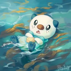 Rule 34 | afloat, commentary, creatures (company), english commentary, fang, freckles, game freak, gen 5 pokemon, looking at viewer, lying, nintendo, no humans, ocean, on back, open mouth, oshawott, pokemon, pokemon (creature), rileykitty, signature, solo, toes, tongue, water