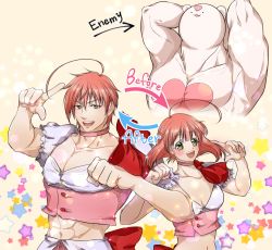 Rule 34 | 10s, 1boy, 1girl, :d, abs, ahoge, arms behind head, blush, breasts, cleavage, clenched hand, dual persona, earrings, english text, heart, huge ahoge, index finger raised, jewelry, magical boy, magical girl, mahou shoujo ore, midriff, muscular, open mouth, pink hair, smile, star (symbol), uno saki
