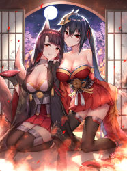 Rule 34 | 2girls, akagi (azur lane), alcohol, animal ears, azur lane, backlighting, bare shoulders, black gloves, black hair, black legwear, breasts, cherry blossoms, chrysanthemum, cleavage, closed mouth, commentary request, crossed bangs, cup, fire, floral print, flower, fox ears, fox girl, fox tail, full moon, gloves, hair ribbon, hakama, hakama short skirt, hakama skirt, highres, holding, japanese clothes, kimono, kneeling, large breasts, long hair, long sleeves, looking at viewer, mask, mask on head, miniskirt, moon, multiple girls, multiple tails, obi, off shoulder, parted lips, partially fingerless gloves, petals, pleated skirt, red eyes, red kimono, red skirt, ribbon, sakazuki, sake, sash, seiza, short kimono, silveroid, sitting, skirt, smile, taihou (azur lane), tail, thighhighs, twintails, very long hair, wide sleeves, zettai ryouiki