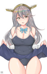 Rule 34 | 1girl, absurdres, alternate costume, artist logo, bad id, bad pixiv id, blue one-piece swimsuit, blush, bow, breasts, brown eyes, cleavage, collarbone, collared shirt, competition school swimsuit, competition swimsuit, covered navel, dress shirt, grey hair, hair ornament, hairband, hairclip, haruna (kancolle), highres, kantai collection, large breasts, long hair, long sleeves, navel, one-piece swimsuit, open clothes, open mouth, open shirt, school swimsuit, school uniform, shirt, simple background, skirt, smile, solo, swimsuit, swimsuit under clothes, thighs, tong shui, uniform, white background, white shirt