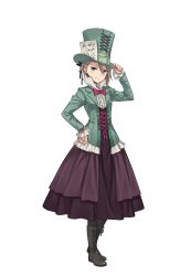 Rule 34 | 1girl, adjusting clothes, adjusting headwear, alice in wonderland, ange (princess principal), black footwear, blue eyes, boots, bow, bowtie, braid, brown footwear, cosplay, cross-laced clothes, cross-laced footwear, dress, full body, green hat, grey hair, hand on own hip, hat, highres, long sleeves, looking at viewer, mad hatter (alice in wonderland), mad hatter (alice in wonderland) (cosplay), official art, pantyhose, princess principal, princess principal game of mission, shoes, short hair, skirt, smile, solo, standing, top hat, transparent background