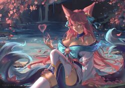 Rule 34 | 1girl, ahri (league of legends), animal, animal ears, artist name, bare shoulders, bell, breasts, chikenryice, cleavage, closed mouth, facial mark, fingernails, flower, fox, fox ears, fox girl, fox tail, grass, green ribbon, hair bell, hair between eyes, hair ornament, hair ribbon, heart, highres, knee up, large breasts, league of legends, long hair, long sleeves, looking at viewer, lotus, multiple tails, official alternate costume, official alternate hairstyle, outdoors, red hair, ribbon, sitting, smile, solo, spirit blossom ahri, tail, thighhighs, tree, water, whisker markings, white thighhighs, wide sleeves