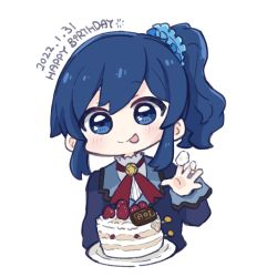 Rule 34 | 1girl, :p, aikatsu!, aikatsu! (series), blue eyes, blue hair, blue jacket, blue scrunchie, blush, cake, character name, chibi, closed mouth, commentary request, cropped torso, dated, food, food on hand, fruit, hair ornament, hair scrunchie, happy birthday, jacket, kiriya aoi, long sleeves, nozo (hitomiz), plate, school uniform, scrunchie, shirt, side ponytail, sidelocks, simple background, smile, solo, starlight academy school uniform, strawberry, tongue, tongue out, upper body, white background, white shirt