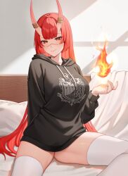 Rule 34 | 1girl, blunt bangs, breasts, commission, fire, highres, horn ornament, horn ring, horns, indoors, large breasts, long hair, looking at viewer, original, red eyes, red hair, reiji-rj, scar, scar on face, scar on nose, sitting, solo, thighhighs, white thighhighs