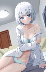 Rule 34 | 1girl, absurdres, bed sheet, bedroom, blue eyes, blunt bangs, blurry, blurry background, blush, bra, breasts, cleavage, closed mouth, collarbone, commentary request, dress shirt, groin, highres, indoors, kiona (giraffe kiona), long sleeves, looking at viewer, medium breasts, navel, off shoulder, open clothes, open shirt, original, panties, print bra, shirt, short hair, smile, solo, straight hair, thigh gap, underwear, white bra, white hair, white panties, white shirt