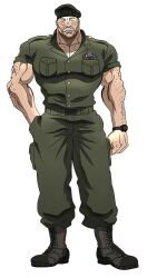 Rule 34 | 1boy, boots, gerry strydum, grappler baki, green pants, green shirt, hat, looking at viewer, male focus, pants, shirt, simple background, soldier, solo, white background