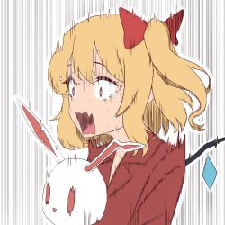 Rule 34 | 1girl, blouse, bow, collared shirt, crying, crying with eyes open, fang, flandre scarlet, hair bow, highres, long sleeves, open mouth, pajamas, red bow, red eyes, red pajamas, red shirt, scared, screaming, shirt, side ponytail, solo, stuffed animal, stuffed rabbit, stuffed toy, tears, teasmacker, touhou, wings
