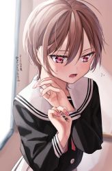 Rule 34 | 1girl, blush, brown hair, chigusa minori, collarbone, commentary request, fidgeting, hair between eyes, hands up, highres, indoors, looking away, looking down, mole, mole on collarbone, mole on neck, nail polish, neckerchief, open mouth, original, pink eyes, pink nails, pink ribbon, ribbon, school uniform, serafuku, short hair, sidelocks, solo, sweatdrop, swept bangs, translation request, tsurime