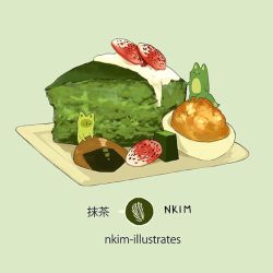 Rule 34 | artist name, cake, food, food focus, fox, fruit, green background, green theme, nadia kim, no humans, plate, senbei, strawberry