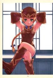 Rule 34 | 1girl, absurdres, armpits, arms behind head, arms up, boots, braid, braided ponytail, brown footwear, brown hair, closed mouth, crossed legs, frei (valkyrie profile), green eyes, hair ornament, hat, highres, inou shin, knee boots, long hair, looking at viewer, miniskirt, page number, parted bangs, scan, shiny skin, sidelocks, single braid, sitting, skirt, sleeveless, smile, solo, valkyrie profile (series)