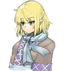 Rule 34 | 1girl, black shirt, blonde hair, blush, breasts, brown shirt, closed mouth, commentary request, cowlick, expressionless, ginnkei, green eyes, half updo, highres, looking afar, medium breasts, mizuhashi parsee, open mouth, pointy ears, sash, scarf, shirt, short hair, short sleeves, simple background, solo, touhou, undershirt, upper body, white background, white sash, white scarf