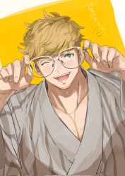 Rule 34 | &gt; o, 1boy, adjusting eyewear, bad id, bad twitter id, bara, blonde hair, blush, glasses, granblue fantasy, green eyes, grey kimono, highres, japanese clothes, kimono, looking at viewer, male focus, migi (mm86262394), muscular, muscular male, one eye closed, open mouth, pectoral cleavage, pectorals, short hair, simple background, smile, solo, upper body, vane (granblue fantasy)