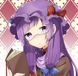 Rule 34 | 1girl, abe suke, argyle, argyle background, argyle clothes, blue bow, book, bow, closed mouth, earrings, glasses, hat, hat bow, holding, holding book, jewelry, long hair, looking at viewer, mob cap, patchouli knowledge, purple eyes, purple hair, purple hat, red bow, semi-rimless eyewear, sidelocks, solo, sparkle, touhou, under-rim eyewear, upper body