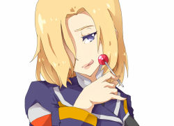 Rule 34 | 10s, 1girl, :p, blonde hair, blue eyes, candy, food, hair over one eye, lollipop, majestic prince, mochi hanpen, short hair, simple background, smile, solo, suzukaze rin, tongue, tongue out, uniform, white background