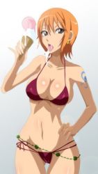 Rule 34 | belly chain, bikini, breasts, cleavage, earrings, food, ice cream, jewelry, nami (one piece), one piece, open mouth, orange hair, sexually suggestive, short hair, swimsuit, tattoo, tongue