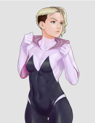 Rule 34 | 1girl, blonde hair, bodysuit, breasts, closed mouth, cowboy shot, grey background, groin, gwen stacy, hood, hooded bodysuit, jkataishi, marvel, piercing, short hair, simple background, skin tight, solo, spider-gwen, spider-man: into the spider-verse, spider-man (series), spider-verse, spider web print, superhero costume