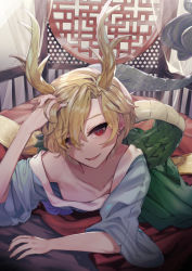 Rule 34 | 1girl, antlers, bare shoulders, blonde hair, blue shirt, breasts, collarbone, commentary request, commission, curtains, dragon horns, dragon tail, earrings, eyes visible through hair, green skirt, hand in own hair, hand up, horns, indoors, ishikawa sparerib, jewelry, kicchou yachie, light rays, looking at viewer, lying, off shoulder, on bed, on stomach, parted lips, pleated skirt, red eyes, round window, see-through, shirt, short hair, short sleeves, skeb commission, skirt, sleeves past elbows, small breasts, smile, solo, tail, touhou, turtle shell, window