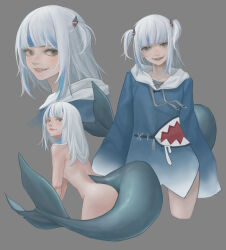 Rule 34 | 1girl, absurdres, animal costume, ass, blue eyes, blue hair, blue hoodie, blunt bangs, commentary, completely nude, cropped legs, cropped shoulders, drawstring, fins, fish tail, gawr gura, gawr gura (1st costume), grey background, grin, hair ornament, highres, hololive, hololive english, hood, hoodie, igonnaswing, light blush, long hair, long sleeves, looking at viewer, multicolored hair, multiple views, nude, open mouth, parted lips, shark costume, shark girl, shark hair ornament, shark tail, sidelocks, simple background, sleeves past fingers, sleeves past wrists, smile, streaked hair, symbol-only commentary, tail, turning head, two side up, virtual youtuber, white hair, white hood, wide sleeves