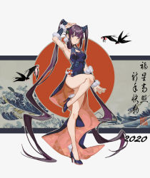 Rule 34 | 1girl, 2020, absurdly long hair, absurdres, armpits, bare legs, bird, blue dress, breasts, calligraphy, china dress, chinese clothes, chinese commentary, closed mouth, commentary request, covered navel, detached sleeves, dress, fate/grand order, fate (series), fine art parody, full body, hair ornament, hand up, high heels, highres, kanagawa okinami ura, knee up, leaf hair ornament, long hair, looking at viewer, medium breasts, mosi l, no panties, parody, pelvic curtain, purple eyes, purple hair, side-tie dress, skin tight, smile, solo, standing, standing on one leg, twintails, very long hair, white background, yang guifei (fate), yang guifei (second ascension) (fate)