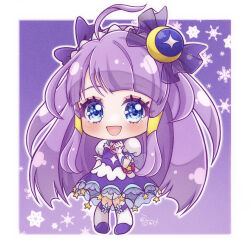 Rule 34 | 1girl, :d, ahoge, blue eyes, blunt bangs, blush, bow, chibi, crescent, crescent hair ornament, cure selene, dress, frilled hairband, frills, full body, hair bow, hair ornament, hair tubes, hairband, highres, kaguya madoka, kneehighs, light purple hair, long hair, looking at viewer, magical girl, open mouth, parted bangs, pouch, precure, puffy short sleeves, puffy sleeves, purple bow, purple dress, shoes, short sleeves, sidelocks, smile, socks, solo, star twinkle precure, umiyuki (umi chu), very long hair, white socks, wrist cuffs