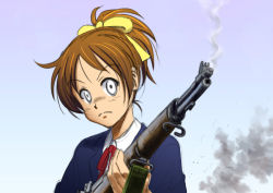 Rule 34 | 1girl, brown hair, gun, hirasawa ui, k-on!, ponytail, ribbon, rifle, school uniform, smoke, solo, suupii, weapon