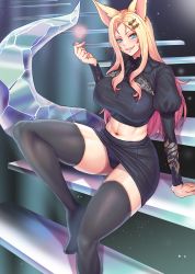 Rule 34 | 1girl, abs, ahri (league of legends), animal ears, aqua eyes, arm support, black footwear, black panties, black shirt, black skirt, blush, boots, breasts, commentary, crop top, facial mark, fox ears, fox tail, gesture, gonster, gradient hair, grin, groin, hair ornament, hairclip, heart, highres, juliet sleeves, k/da (league of legends), k/da ahri, large breasts, league of legends, long hair, long sleeves, looking at viewer, midriff, miniskirt, multicolored hair, navel, panties, pantyshot, parted bangs, puffy sleeves, purple hair, shirt, sidelocks, sitting, skirt, smile, solo, stairs, tail, thigh boots, thighhighs, underwear, whisker markings, zettai ryouiki