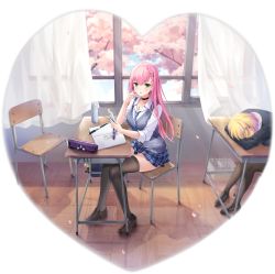 Rule 34 | 2girls, azur lane, black legwear, blue neckwear, chair, character doll, choker, classroom, desk, green eyes, hair ornament, hairclip, highres, holding, holding phone, indoors, jewelry, loafers, looking at viewer, marblehead (azur lane), marblehead (not-so-serendipitous rain) (azur lane), memphis (a breath of fresh air) (azur lane), memphis (azur lane), multiple girls, necklace, necktie, official alternate costume, official art, pencil case, phone, pink hair, pleated skirt, school chair, school desk, school uniform, sheffield (azur lane), shirt, shoes, silveroid, sitting, skirt, sleeves rolled up, sweater vest, thighhighs, transparent background, white shirt