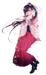 Rule 34 | 10s, 1girl, absurdres, black hair, cherry blossoms, flower, hair flower, hair ornament, highres, koutetsujou no kabaneri, long hair, papem ioa, ponytail, purple eyes, simple background, solo, white background, yomogawa ayame