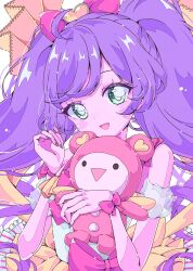 Rule 34 | 1girl, :d, absurdres, ahoge, bow, commentary request, green eyes, hair bow, heart, highres, holding, holding stuffed toy, kuma (pripara), long hair, looking at viewer, manaka laala, milon cas, nail polish, open mouth, pink bow, pretty series, pripara, purple hair, purple nails, retro artstyle, smile, solo, sparkle, star (symbol), stuffed animal, stuffed toy, teddy bear, twintails, upper body, yume kawaii