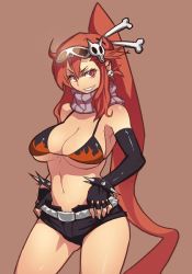 Rule 34 | 00s, 1girl, belt, bikini, bikini top only, bracelet, breasts, chopsticks, cleavage, elbow gloves, fingerless gloves, gloves, grin, hair ornament, huge breasts, jewelry, large breasts, long hair, meme50, ponytail, red hair, scarf, short shorts, shorts, sideboob, smile, solo, spiked bracelet, spikes, striped clothes, striped scarf, sunglasses, swimsuit, tengen toppa gurren lagann, thighhighs, thighs, underboob, very long hair, yellow eyes, yoko littner