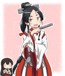 Rule 34 | 2girls, aircraft catapult, akagi (kancolle), black hair, brown hair, chopsticks, forehead, hakama, hakama skirt, high ponytail, highres, hikimayu, holding, holding chopsticks, japanese clothes, kantai collection, long hair, multi-tied hair, multiple girls, name connection, nisshin (kancolle), nissin, nissin cup noodle, object namesake, parted bangs, red hakama, red ribbon, ribbon, ribbon-trimmed sleeves, ribbon trim, short eyebrows, sidelocks, skirt, solo focus, suikan, thick eyebrows, tsukemon, very long hair, wide sleeves