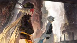 Rule 34 | + +, 2girls, agoto, alchemy stars, arms behind back, black gloves, black headwear, black jacket, black shorts, blonde hair, blue eyes, building, cabbie hat, cape, city, closed mouth, dress, gloves, gronru (alchemy stars), hands in pockets, hat, highres, jacket, long hair, long sleeves, looking at viewer, multicolored hair, multiple girls, peaked cap, philyshy (alchemy stars), red hair, short hair, shorts, skyscraper, standing, twintails, two-tone hair, underground, very long hair, white dress, white hair, white headwear, yellow eyes
