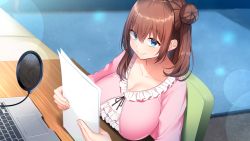 Rule 34 | 1girl, :&gt;, blue eyes, blush, breasts, brown hair, carpet, chair, cleavage, closed mouth, computer, female focus, frills, from above, game cg, happy, holding, holding paper, indoors, koe ni koi shite koikogare!, laptop, large breasts, light blush, looking at viewer, medium hair, microphone, oekakizuki, original, otonoha hinata, paper, side bun, sitting, smile, solo, table, upper body