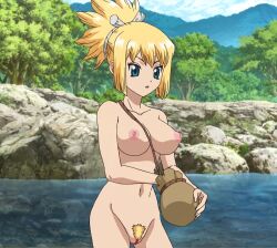 Rule 34 | 1girl, blonde hair, blue eyes, breasts, brown bag, completely nude, cowboy shot, derivative work, dr. stone, female pubic hair, highres, kohaku (dr. stone), large breasts, nature, nude, nude filter, pubic hair, pussy, screenshot redraw, solo, third-party edit, wading