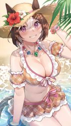 Rule 34 | 1girl, absurdres, arm garter, beach, bikini, blush, bracelet, breasts, brown hair, brown hat, cleavage, commentary request, ears through headwear, flower, flower hat, frilled bikini, frills, hair between eyes, hair ornament, hairclip, hat, highres, horse girl, horse tail, jewelry, joeychen, large breasts, looking at viewer, navel, necklace, orange bikini, parted lips, pink eyes, plaid, plaid bikini, short hair, sitting, smile, solo, special week (hopping vitamin heart) (umamusume), special week (umamusume), straw hat, swimsuit, tail, thighs, umamusume, water, white hair