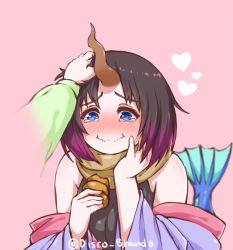 Rule 34 | 10s, artist name, bare shoulders, black hair, blue eyes, blush, breasts, cream puff, disco brando, dragon girl, dragon horns, dragon tail, elma (maidragon), food, gradient hair, half-closed eyes, hand on own cheek, hand on own face, happy, happy tears, headpat, horns, japanese clothes, kimono, kobayashi-san chi no maidragon, kobayashi (maidragon), leotard, leotard under clothes, long sleeves, multicolored hair, off shoulder, pink background, pov, scarf, short hair, simple background, sleeveless, smile, tail, tears, upper body, wavy mouth