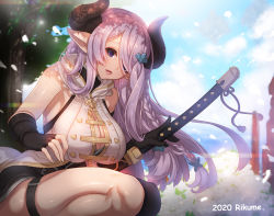 Rule 34 | 1girl, asymmetrical gloves, bare shoulders, black gloves, black thighhighs, blue eyes, braid, breasts, cleavage, demon horns, draph, elbow gloves, gloves, granblue fantasy, hair ornament, hair over one eye, horns, katana, large breasts, light purple hair, long hair, low tied hair, narmaya (granblue fantasy), paid reward available, pointy ears, purple hair, rikume, sideboob, single braid, single thighhigh, sleeveless, solo, sword, thigh strap, thighhighs, uneven gloves, weapon