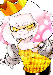 Rule 34 | 1girl, alternate costume, breasts, cleavage, cowboy shot, crown, inkling girl, inkling player character, jacket, looking at viewer, mole, mole under mouth, mtk hoshi, multicolored hair, nintendo, off shoulder, pearl (splatoon), pink hair, small breasts, smile, solo, splatoon (series), splatoon 2, sunglasses, two-tone hair, white background, white hair, yellow eyes