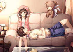 Rule 34 | 1boy, 1girl, blush, braid, brown eyes, brown hair, closed eyes, closed mouth, coffee table, couch, cup, de da xianyu, hand on own stomach, highres, hood, hood up, hoodie, indoors, kettle, lap pillow, living room, long hair, looking at another, lying, mug, on back, on couch, open clothes, open hoodie, original, sitting, smile, stuffed animal, stuffed rabbit, stuffed toy, table, teddy bear, twin braids