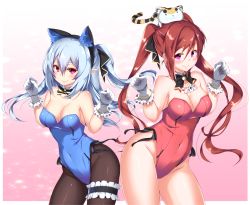 Rule 34 | 2girls, animal, animal ears, animal on head, bare shoulders, black legwear, blue leotard, blush, breasts, cat, cat ears, cat on head, character request, cleavage, covered navel, dandou, detached collar, fake animal ears, gloves, hair ribbon, hairband, highres, kittysuit, large breasts, bridal garter, leotard, long hair, looking at viewer, multiple girls, nontraditional playboy bunny, on head, pantyhose, paw pose, phantasy star, phantasy star online 2, pink eyes, playboy bunny, pointy ears, ponytail, red eyes, red hair, red leotard, ribbon, silver hair, smile, twintails, white gloves