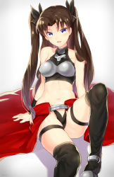Rule 34 | 1girl, archer (fate), archer (fate) (cosplay), blue eyes, breasts, brown hair, cosplay, fate/stay night, fate (series), female focus, gradient background, midriff, official alternate costume, solo, suurin (ksyaro), tohsaka rin, two side up, white background