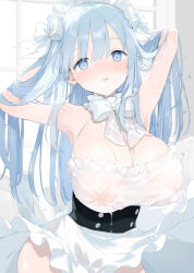 Rule 34 | 1girl, arms up, bare shoulders, blue eyes, blue hair, bow, breasts, commentary request, copyright request, covered erect nipples, dress, frilled dress, frills, fujiyama, hair bow, hand in own hair, huge breasts, large bow, long hair, looking at viewer, maid, maid headdress, nipples, see-through, solo, sweat, wet, wet clothes, wet hair, white bow, white dress