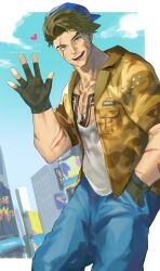 Rule 34 | 1boy, absurdres, baseball cap, black gloves, blonde hair, blue eyes, blue pants, brown shirt, chest tattoo, cloud, day, fingerless gloves, gloves, hand in pocket, hat, highres, isshiki (1sshiki), looking at viewer, luke sullivan, male focus, open clothes, open shirt, outdoors, pants, scar, scar across eye, scar on arm, scar on face, shirt, short hair, sky, smile, solo, street fighter, street fighter 6, tank top, tattoo, waving, white tank top