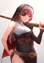 Rule 34 | 1girl, belt, belt buckle, breasts, buckle, eyepatch, frown, hair down, hand on own hip, highres, holding, holding weapon, hololive, houshou marine, long hair, navel, pocket watch, purple hair, sitouanang, solo, torn clothes, very long hair, virtual youtuber, watch, weapon, weapon request