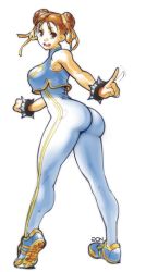 Rule 34 | 1girl, alternate costume, ass, bracelet, brown eyes, brown hair, capcom, chun-li, ctrlgon, curvy, female focus, foreshortening, full body, huge ass, jewelry, looking at viewer, looking back, shoes, simple background, skin tight, smile, solo, spiked bracelet, spikes, standing, street fighter, v, white background