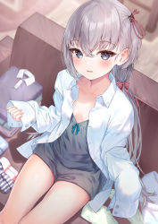 Rule 34 | 1girl, blush, breasts, camisole, collarbone, commentary request, couch, folded clothes, grey eyes, grey hair, hair between eyes, hair ornament, hair ribbon, highres, long hair, looking at viewer, namikishiho, open clothes, open shirt, original, oversized clothes, oversized shirt, parted lips, ponytail, ribbon, shirt, short shorts, shorts, sitting, small breasts, smile, solo, thighs, white shirt