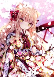 Rule 34 | 1girl, animal ears, blurry, blurry background, bow, breasts, cat ears, commentary request, depth of field, floral print, frilled kimono, frills, hair between eyes, hair bow, hand up, highres, japanese clothes, kimono, light brown hair, long hair, looking at viewer, medium breasts, nanase kureha, nanase nao, obi, original, print kimono, red bow, red kimono, red ribbon, ribbon, sash, solo, very long hair, yellow eyes