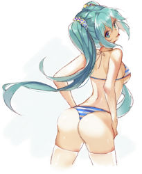 Rule 34 | 1girl, :p, aqua eyes, aqua hair, ass, back, bare arms, bare back, bare shoulders, bikini, blue bikini, breasts, closed mouth, cowboy shot, cropped legs, from behind, hair ornament, hair scrunchie, hatsune miku, highres, huge ass, leaning forward, long hair, looking at viewer, looking back, medium breasts, polka dot, polka dot scrunchie, scrunchie, shiny skin, sideboob, simple background, solo, standing, striped bikini, striped clothes, swimsuit, sylvia (huajiuhuajiu), tareme, thighhighs, tongue, tongue out, very long hair, vocaloid, white background, white thighhighs, wide hips
